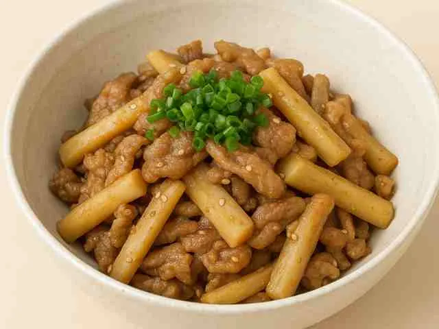 れんこんと豚こまの梅ごま炒め