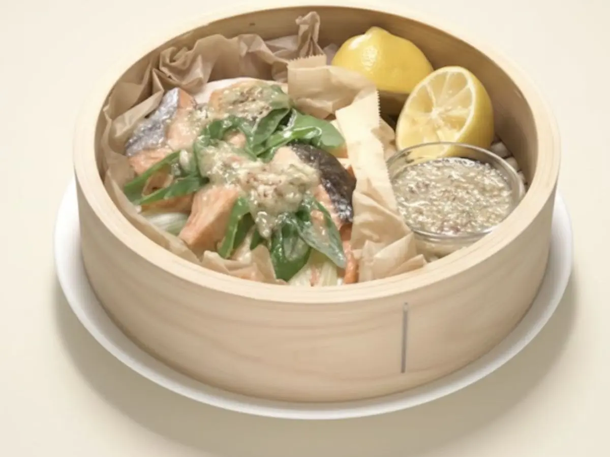 ネギと鮭のレモンバターソース