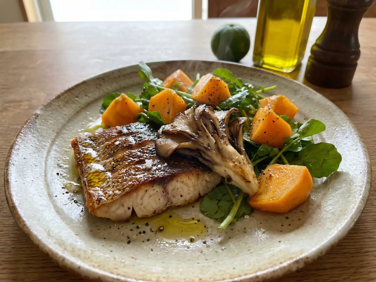 秋のサラダ（柿・鯛・まいたけのサラダ）