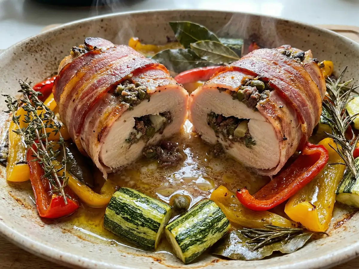 鶏むね肉のベーコン巻きタプナードソース