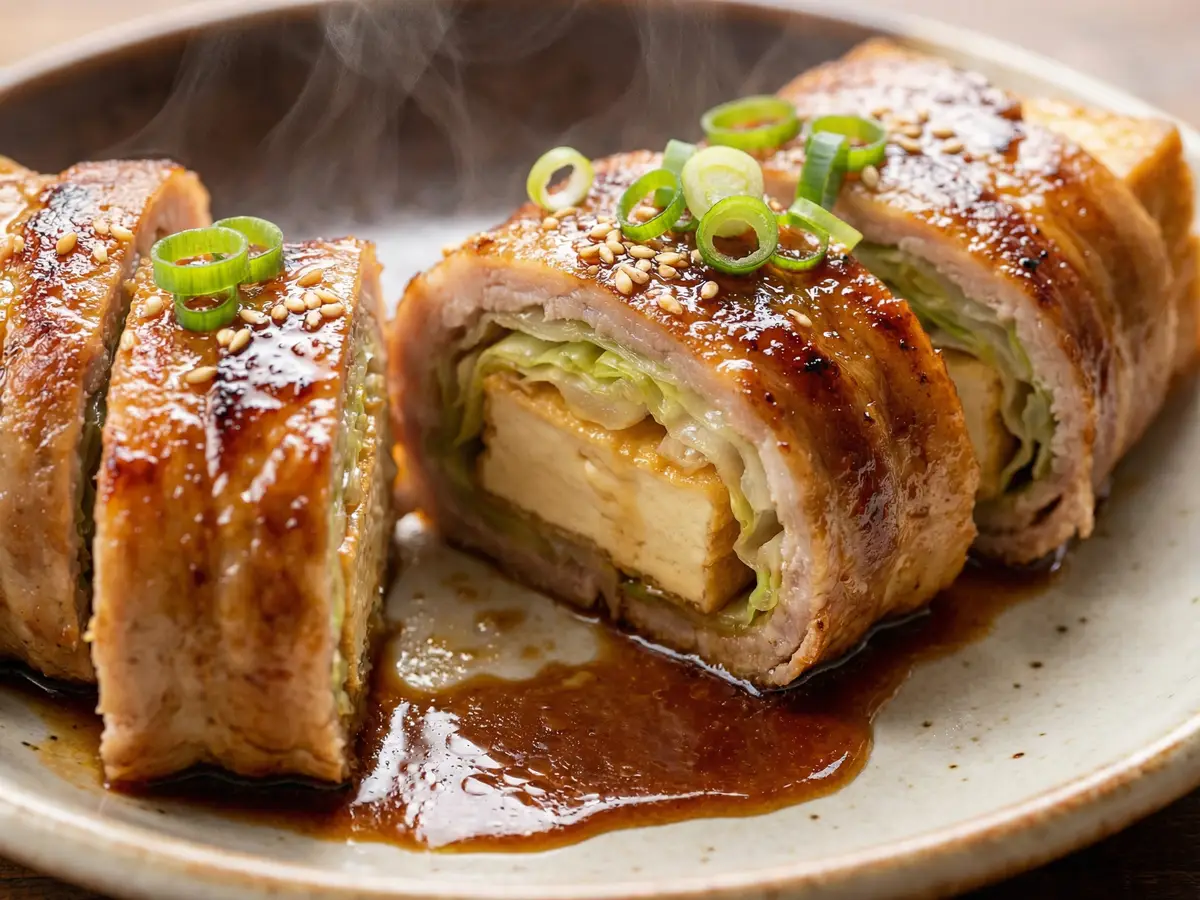 厚揚げとキャベツの豚巻き