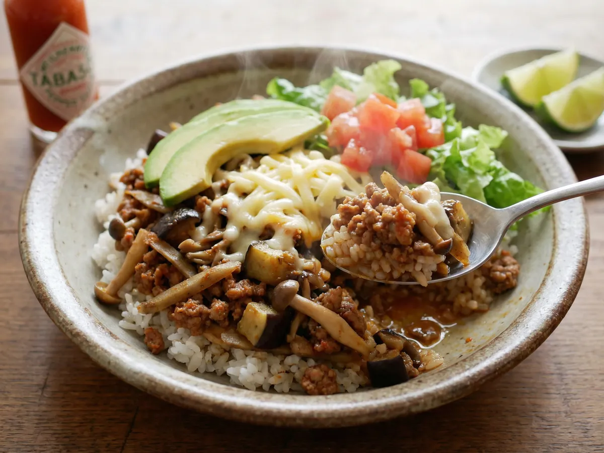 ごぼうとナスキノコのタコライス