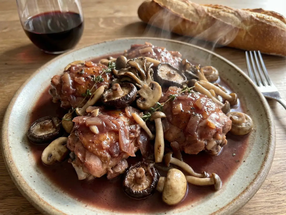 鶏肉ときのこの赤ワイン煮込み