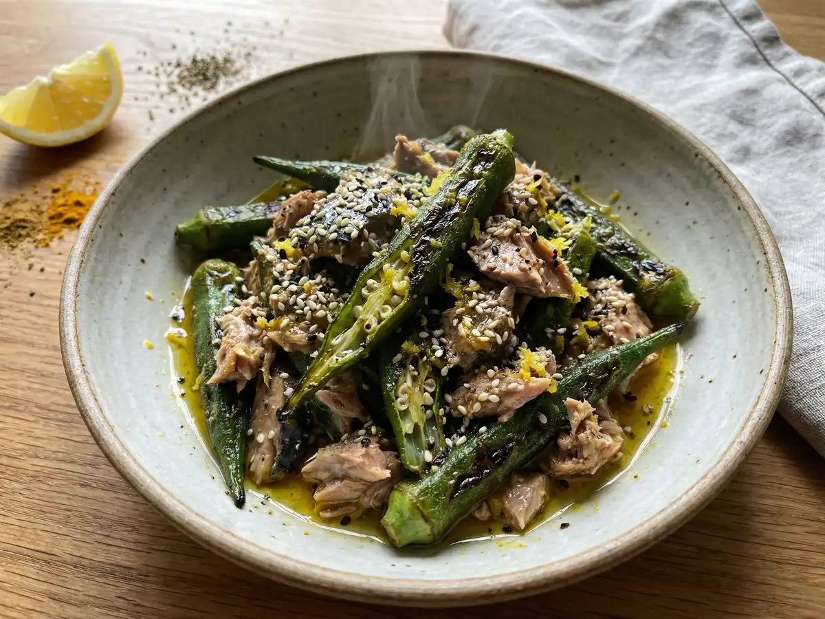 焼きオクラとサバのあえもの