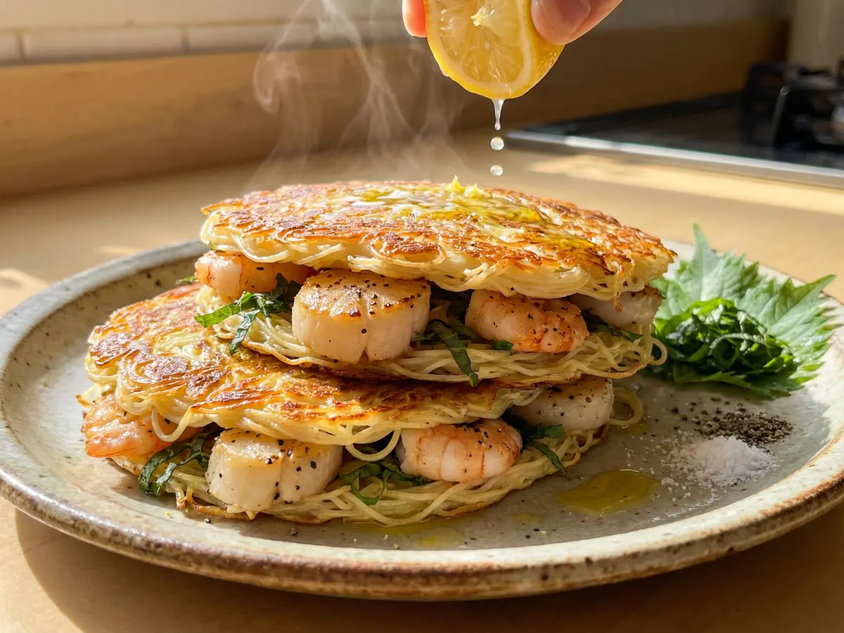 ホタテとエビのそうめん挟み焼き