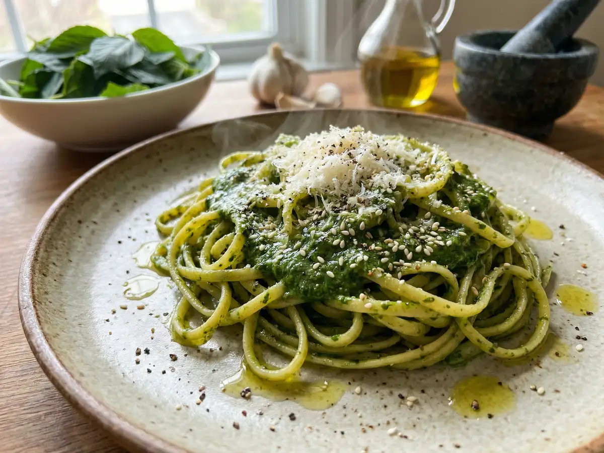 ジェノベーゼ風モロヘイヤパスタ