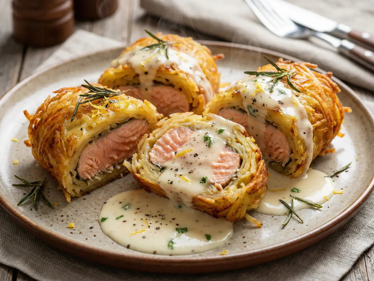 サーモンのじゃがいも巻きブールブランソース