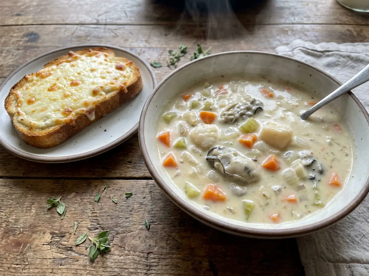 クラムチャウダー（チーズトーストと一緒に）