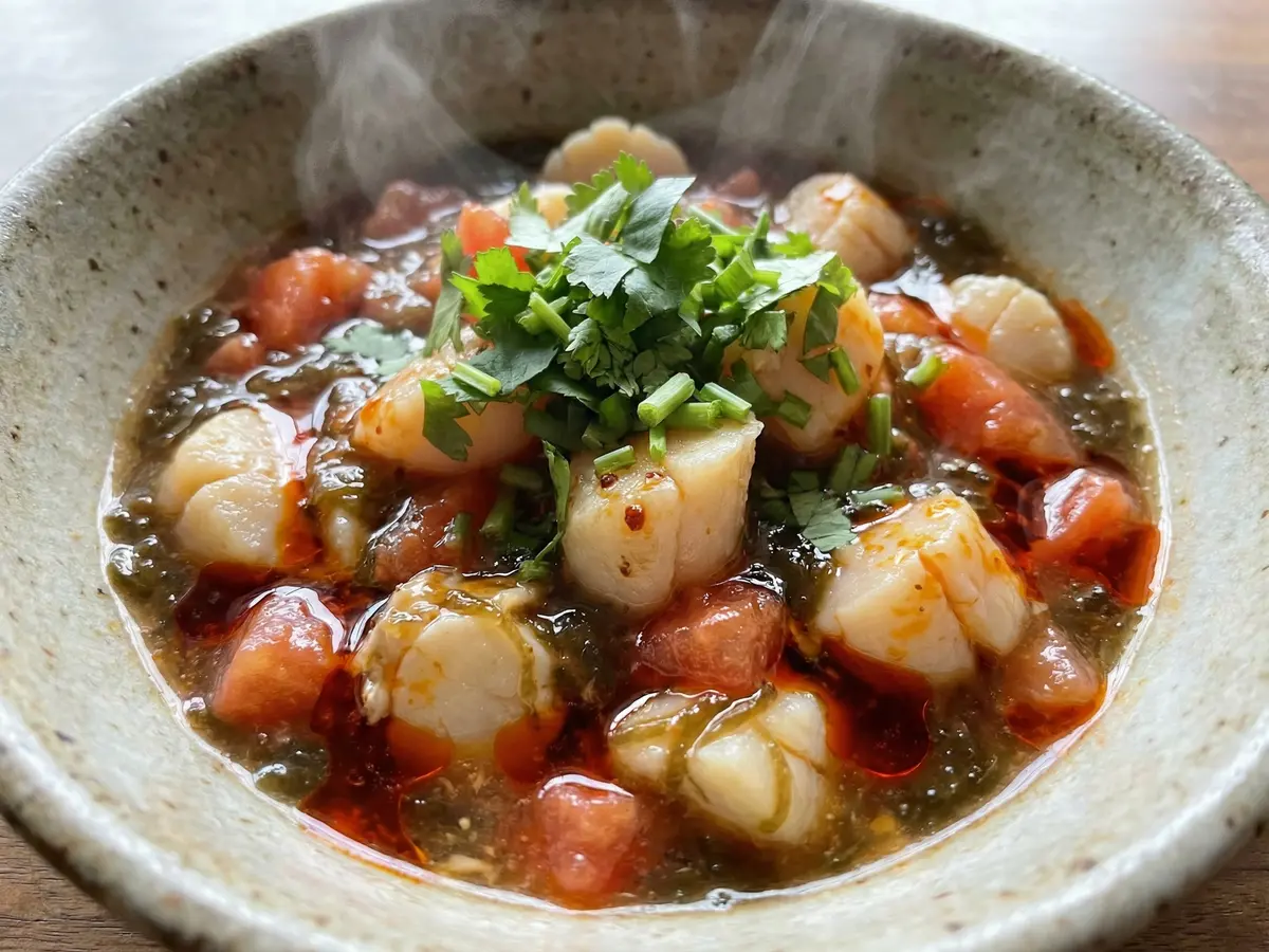 ホタテとトマトのもずくあえ（酸辣湯麺風）