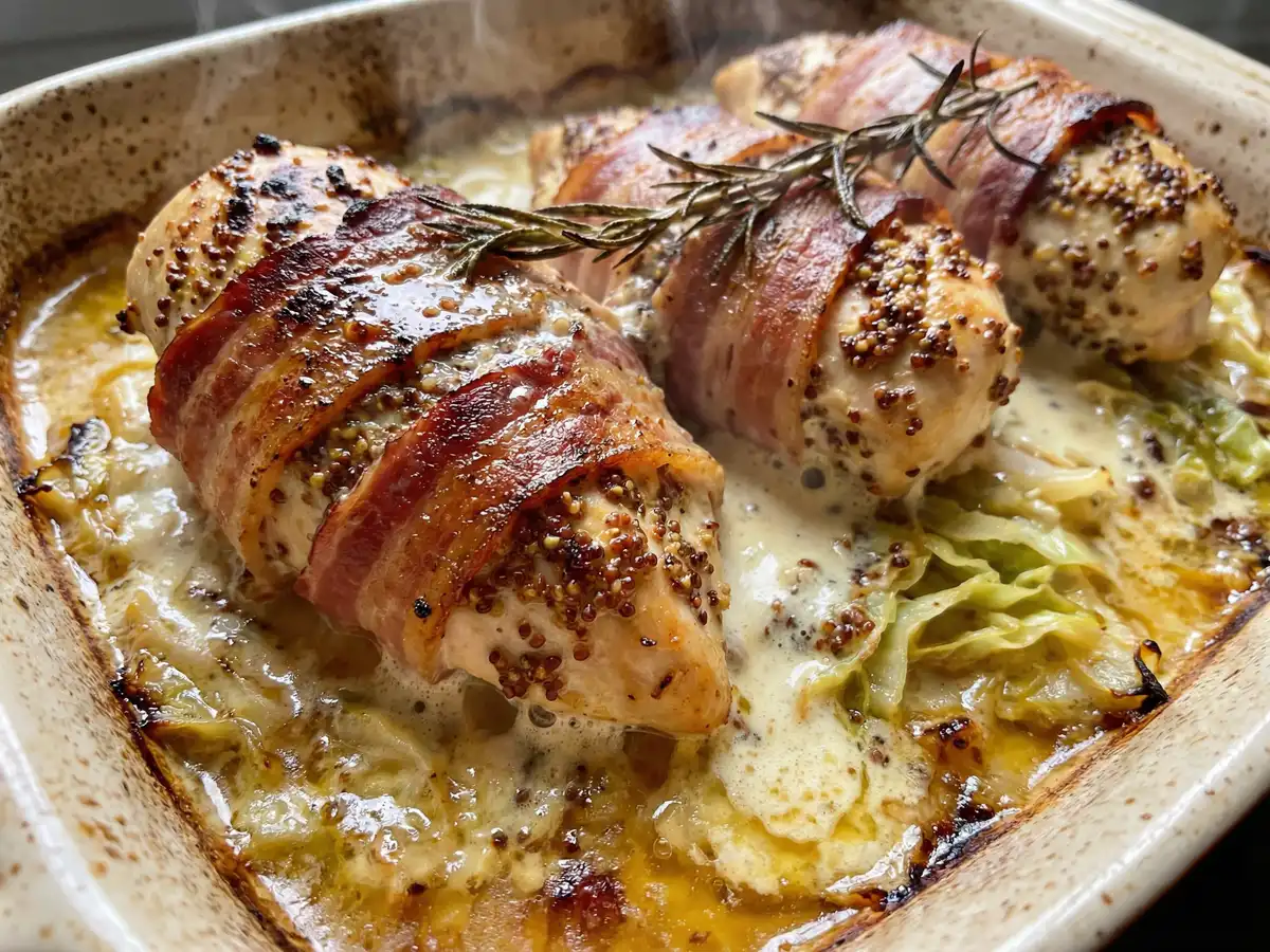 鶏胸肉のベーコン巻きクリームソースがけ