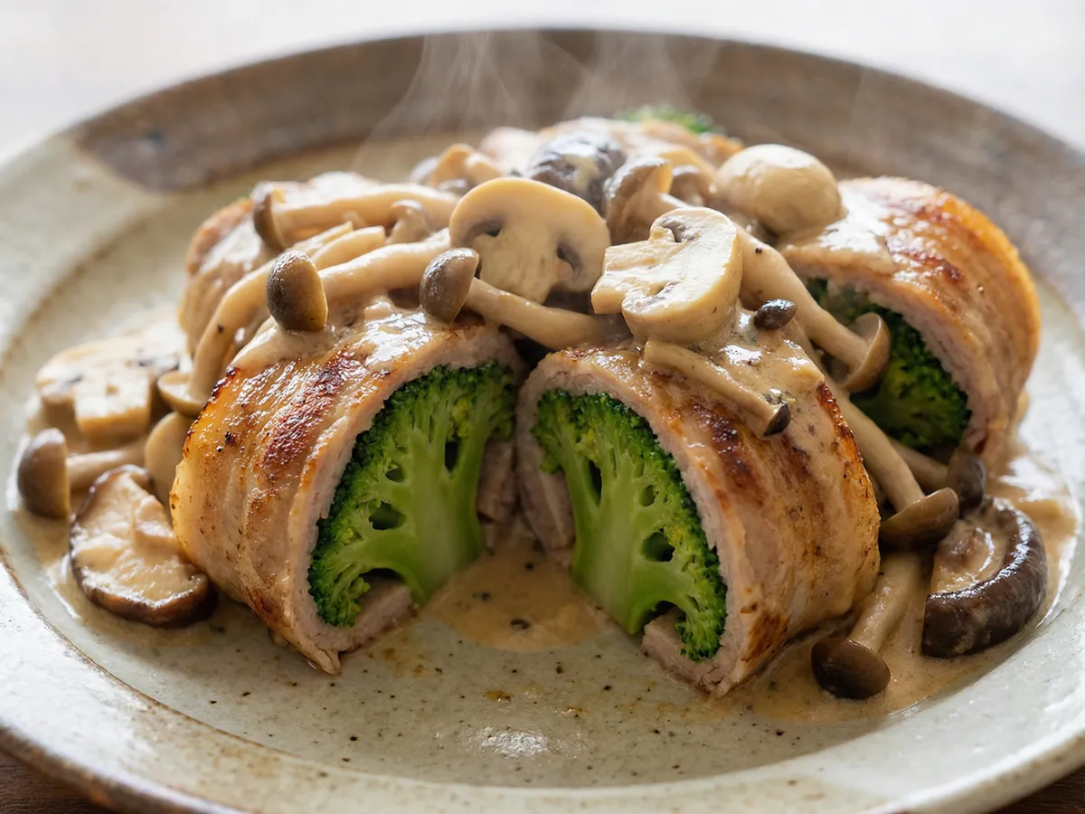 ブロッコリーの肉巻きキノコソース