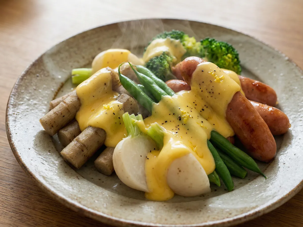 温野菜とウィンナーのオランデーズソース