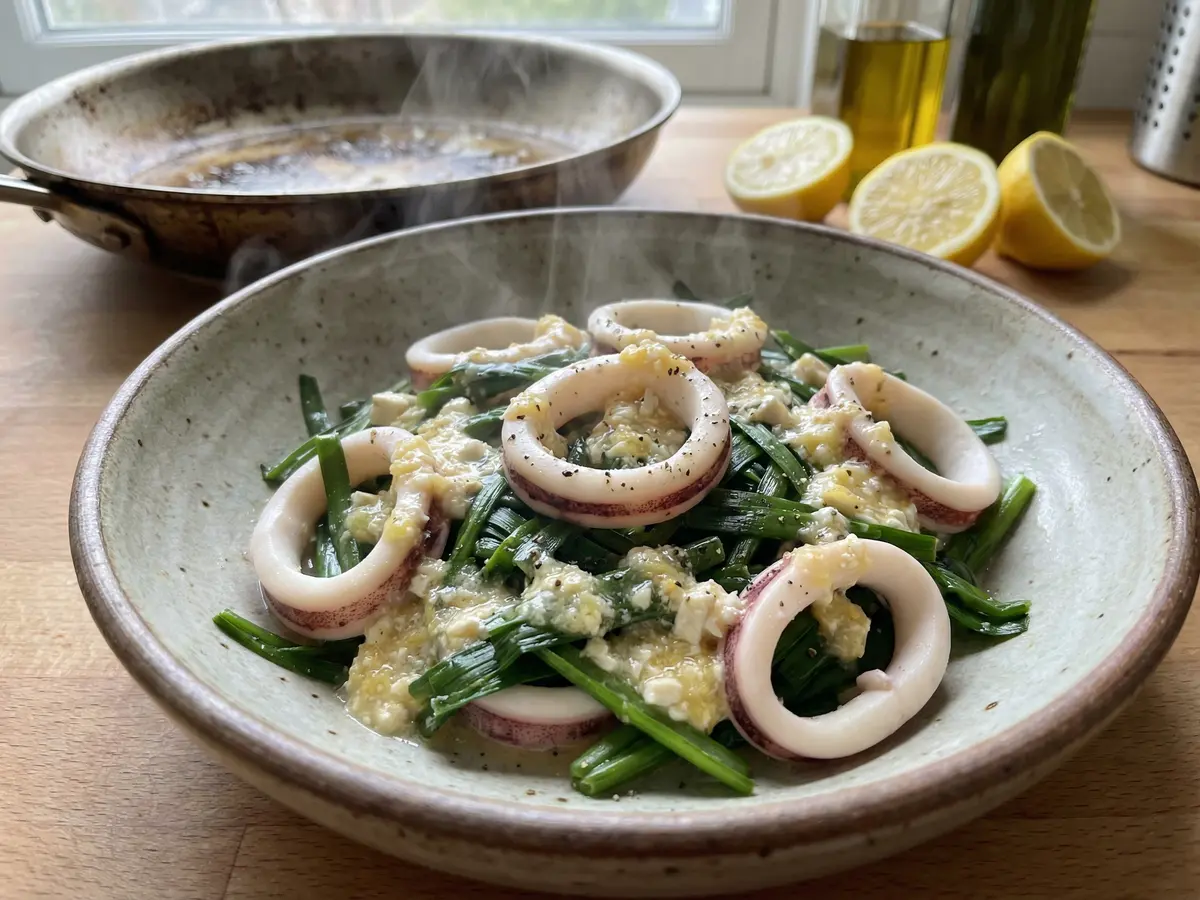 イカとニラの酒蒸し豆腐レモンドレッシング