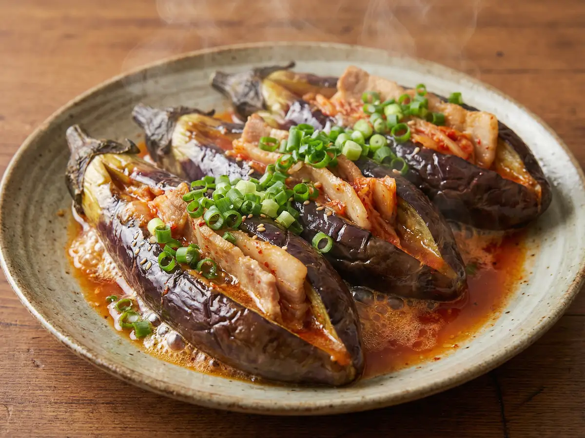 ナスの豚キムチ詰め