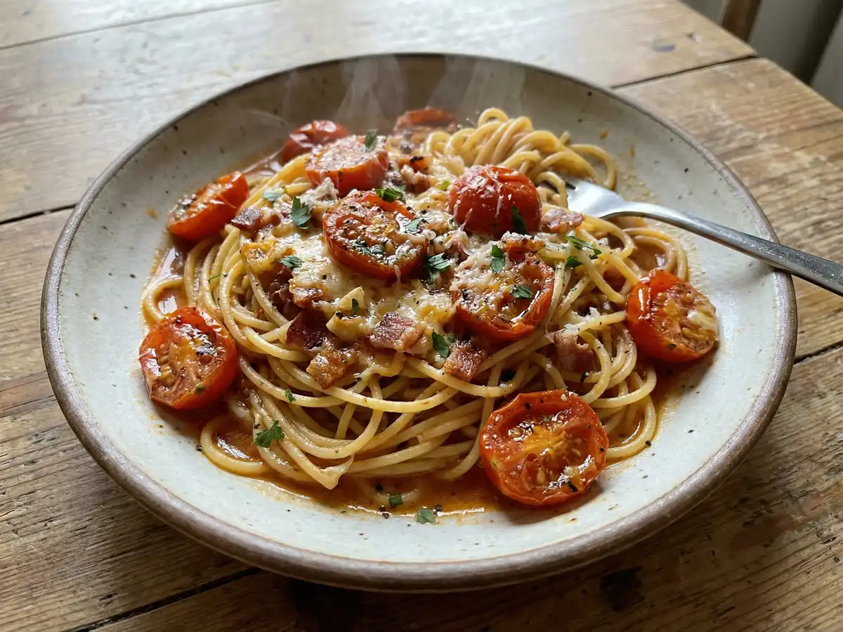 ミニトマトたっぷりワンパンパスタ