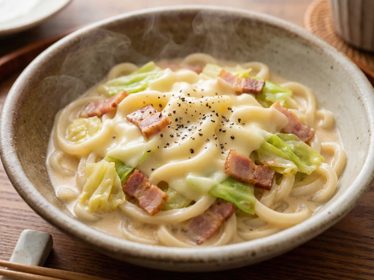 キャベツとベーコンのチーズうどん