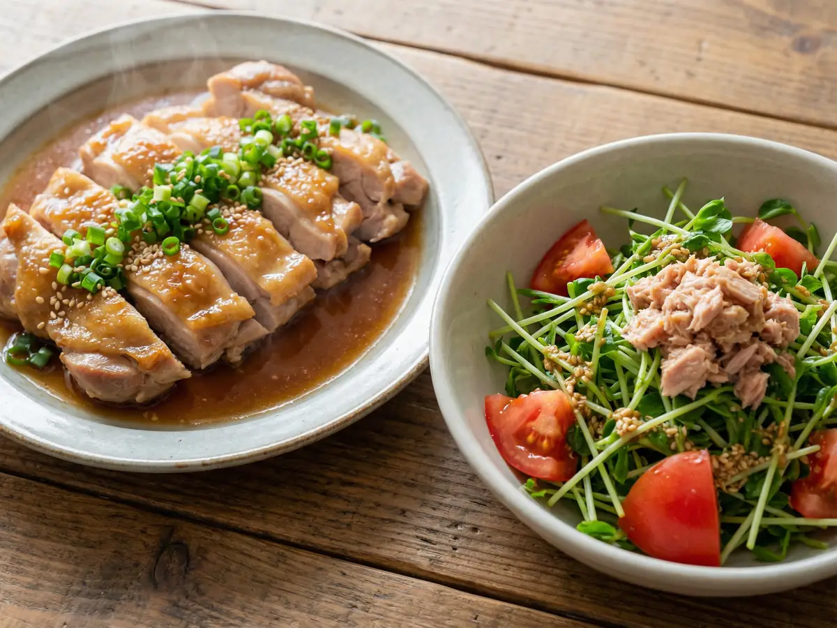 鶏のうまだれ蒸し＆豆苗とトマトのサラダ