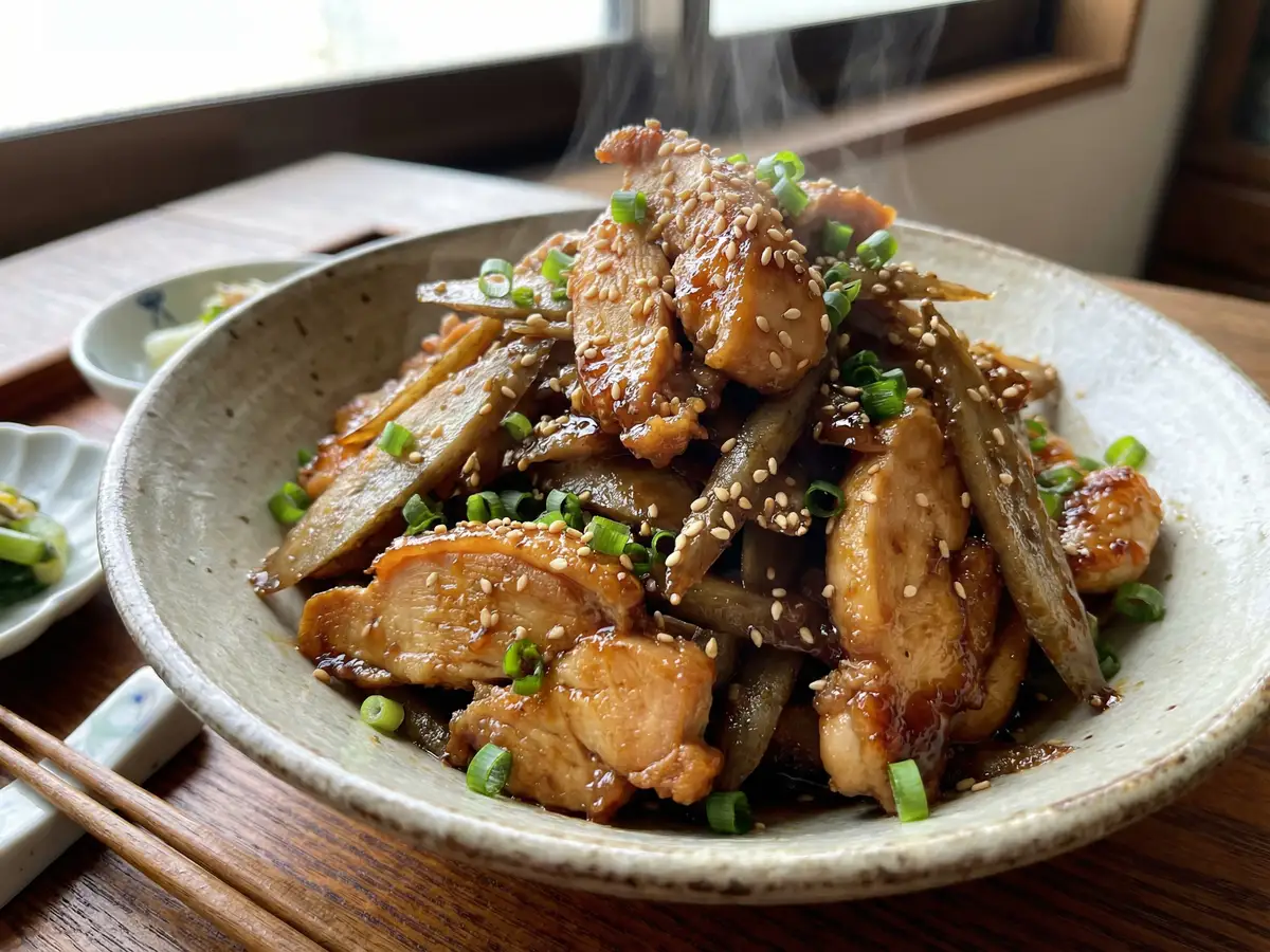 ごぼうと胸肉の甘辛ごま炒め