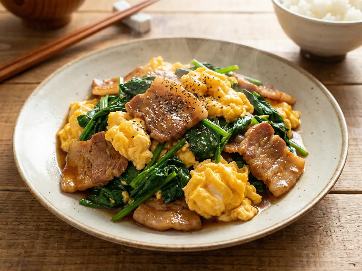 ほうれん草と豚バラの卵炒め