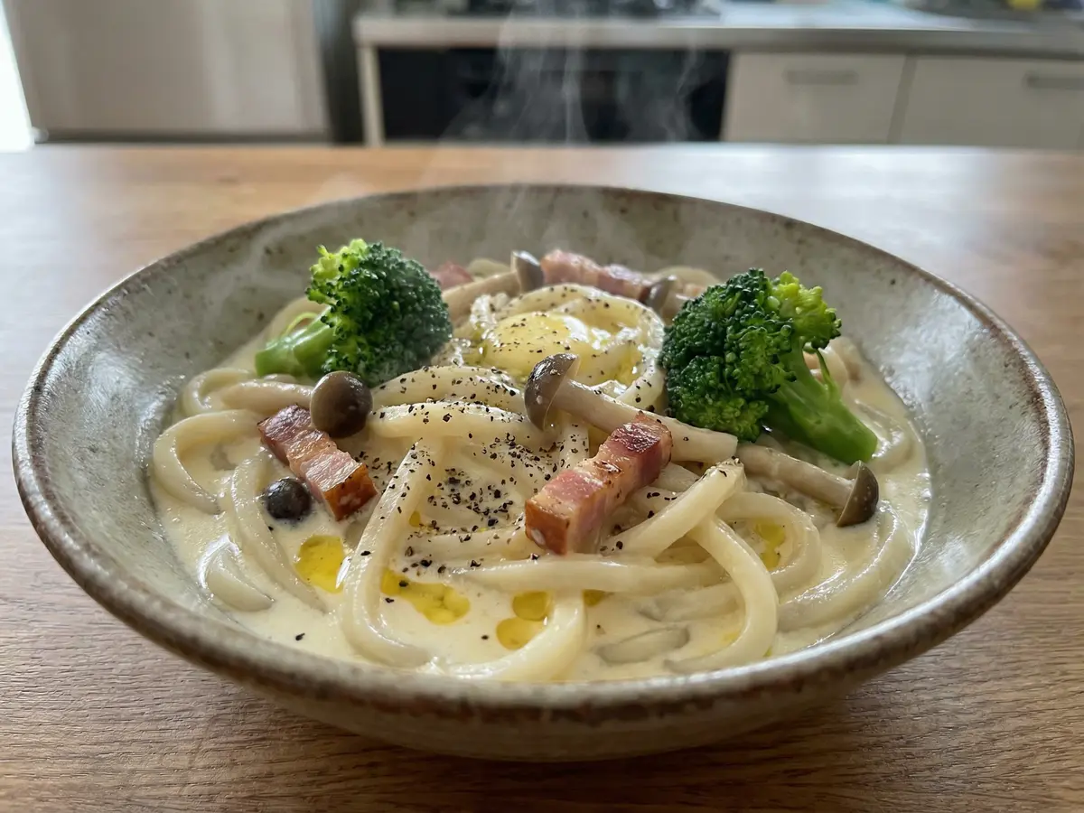ブロッコリーとベーコンのクリームうどん