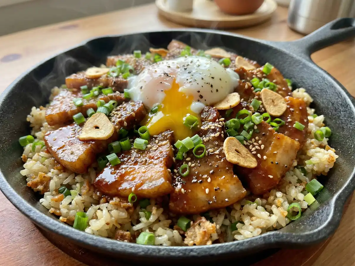 甘辛豚のガーリックネギライス