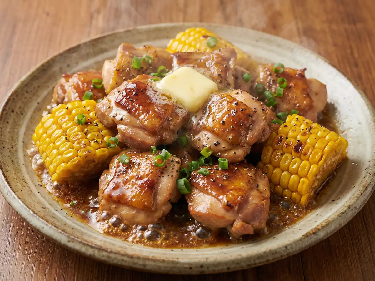 鶏ととうもろこしの甘辛バター醤油