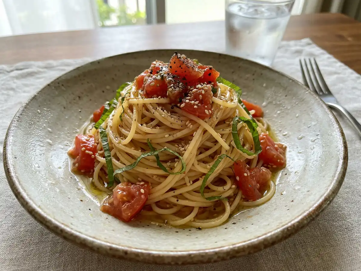 トマトと大葉の冷たいスパゲッティ