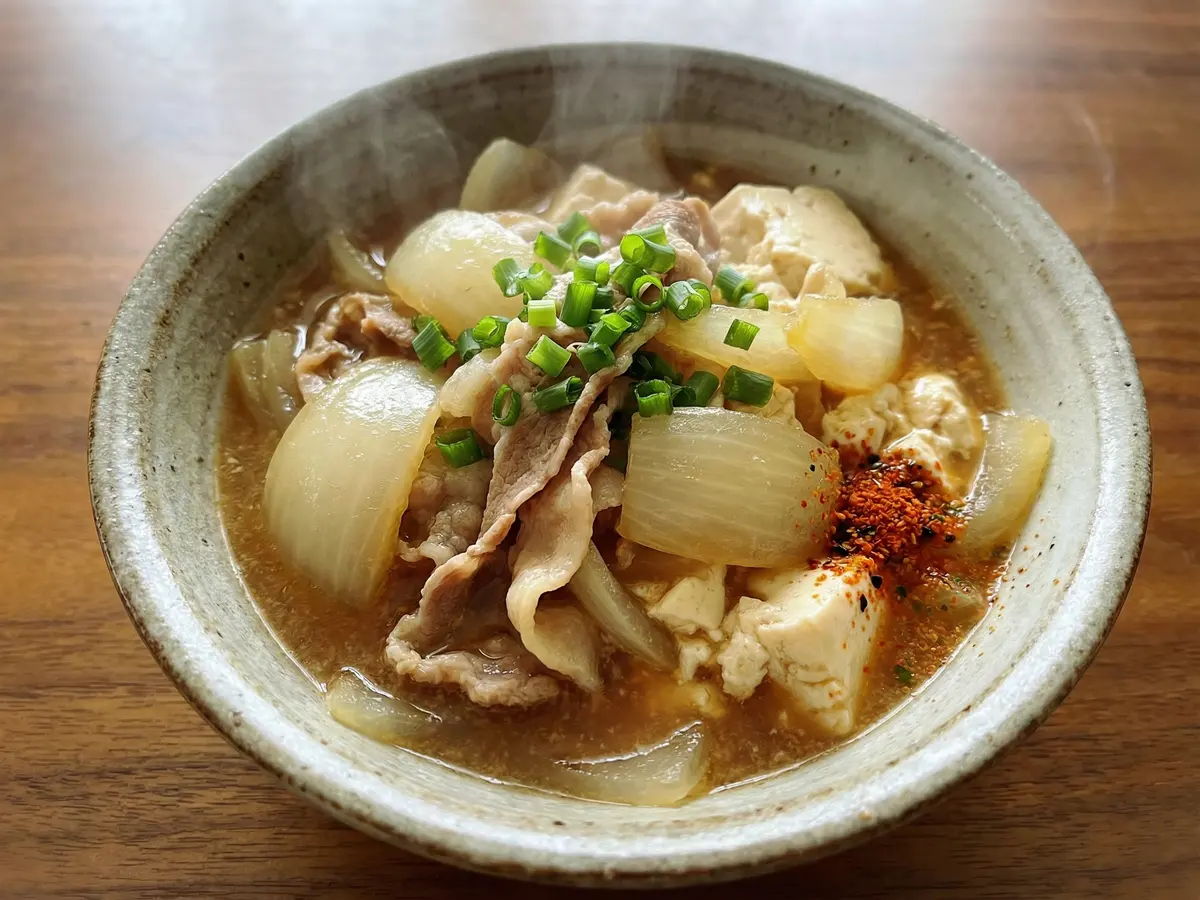 新玉ねぎたっぷり豚バラ豆腐
