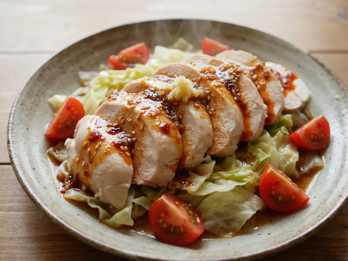 レンジで蒸し鶏のピリ辛だれ