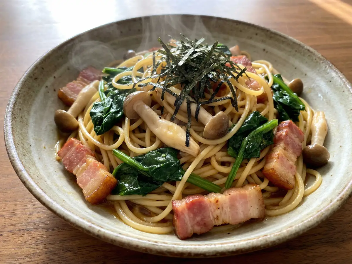 きのことほうれん草のバター醤油パスタ