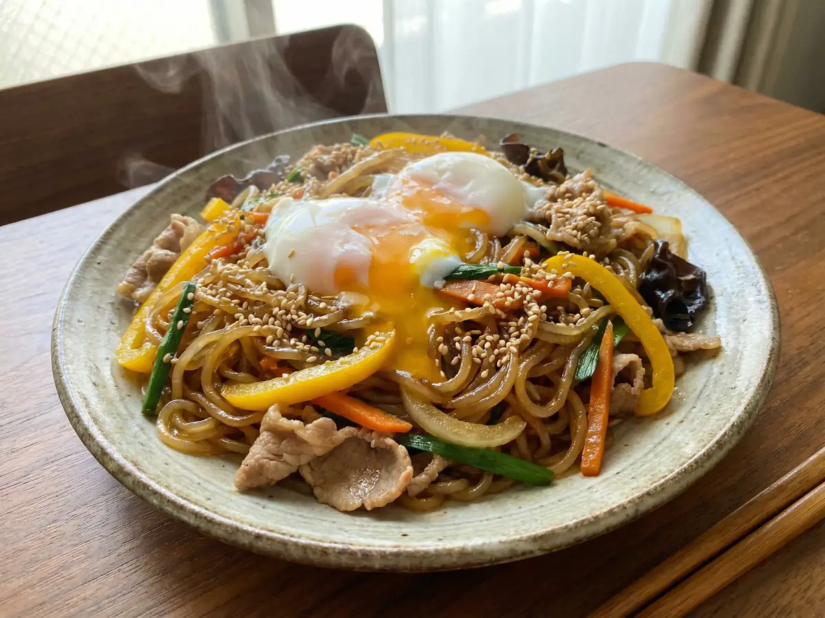 5種野菜と豚こまのチャプチェ温玉のせ