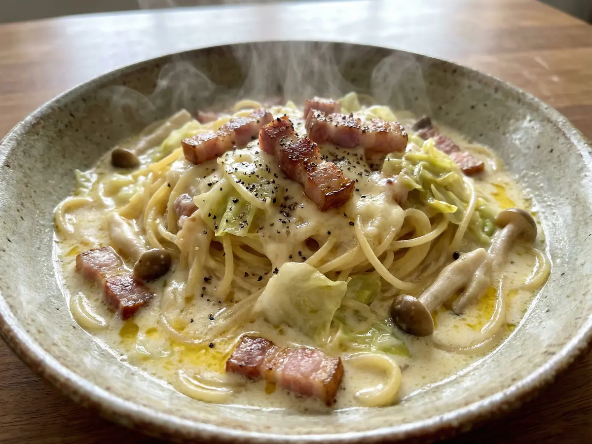 キャベツとベーコンのクリームパスタ
