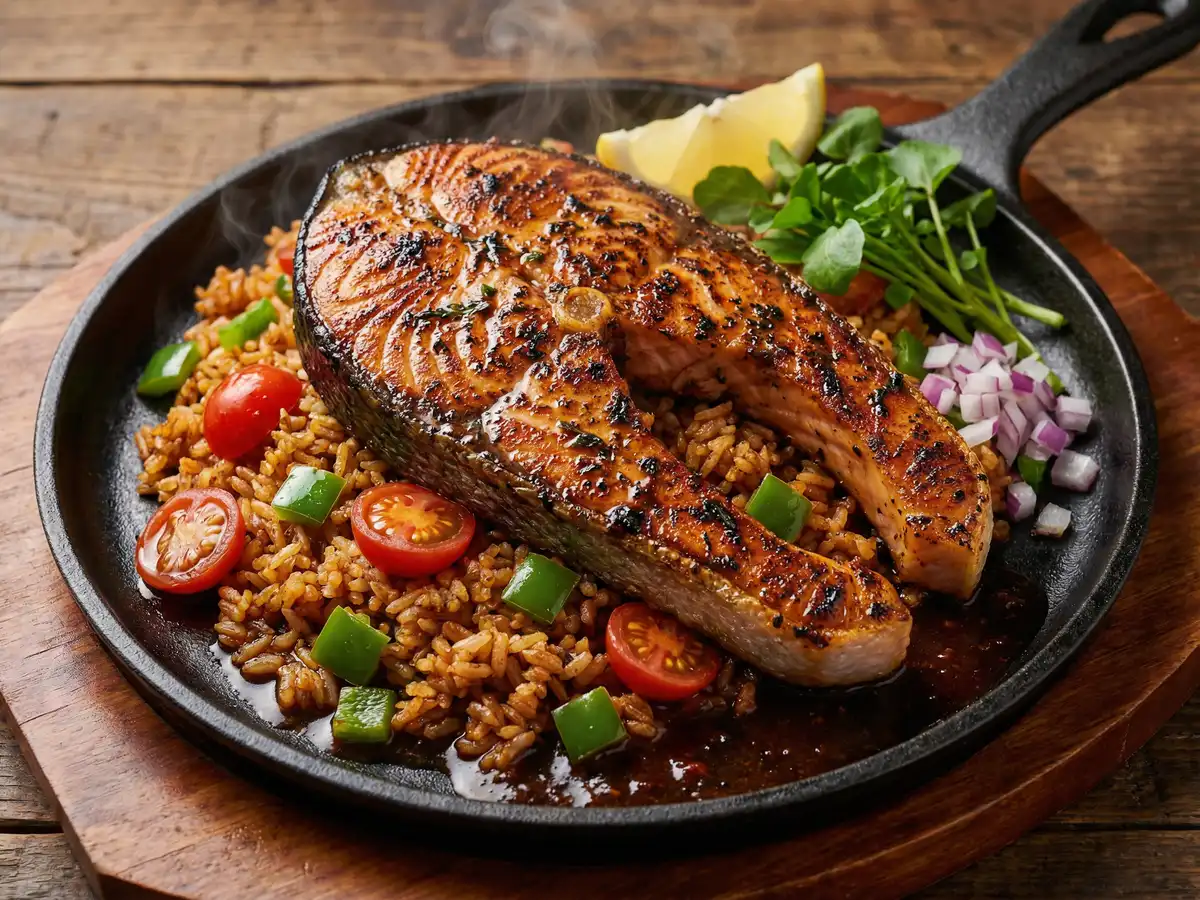 サーモンステーキとケイジャンライス