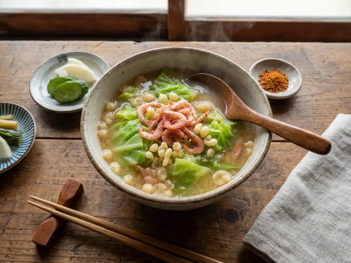 春キャベツの味噌汁（桜えび天かす入り）