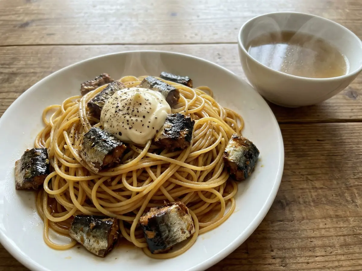 サンマ蒲焼缶詰のパスタ