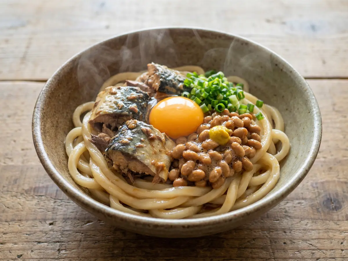 サバ納豆釜玉うどん