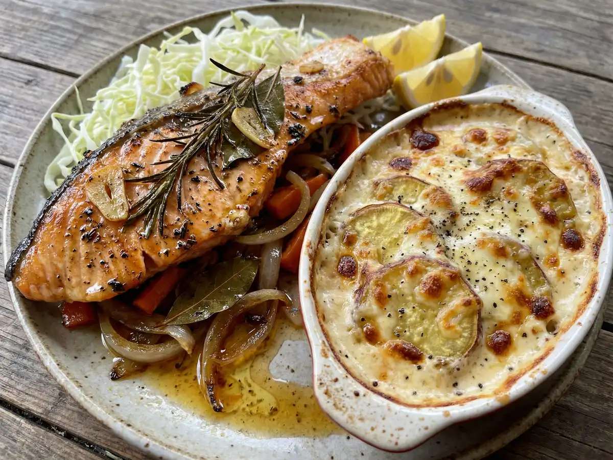 サーモンのハーブ焼きとスイートポテトのグラタン