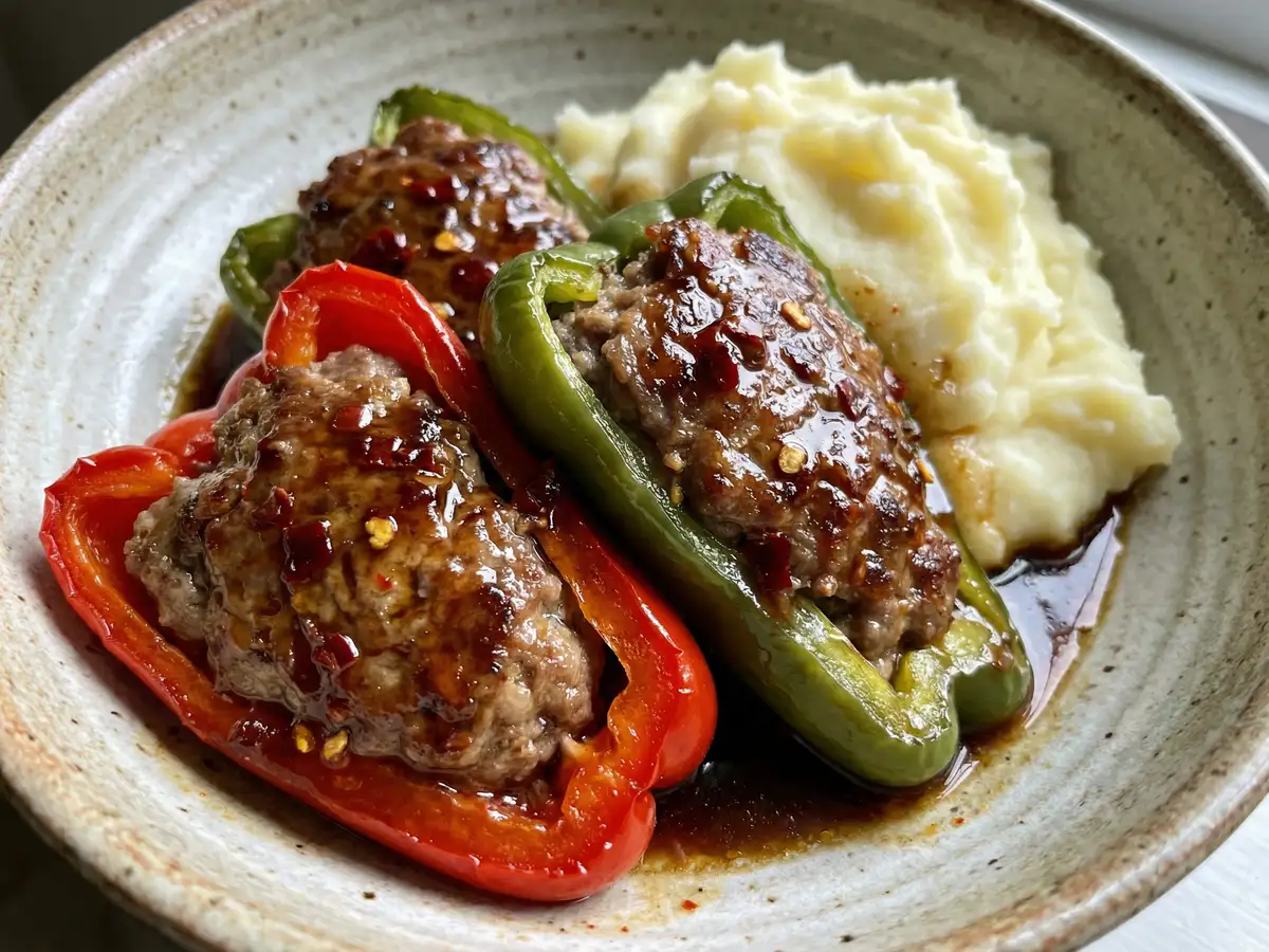 パプリカの肉詰め　マッシュポテト添え