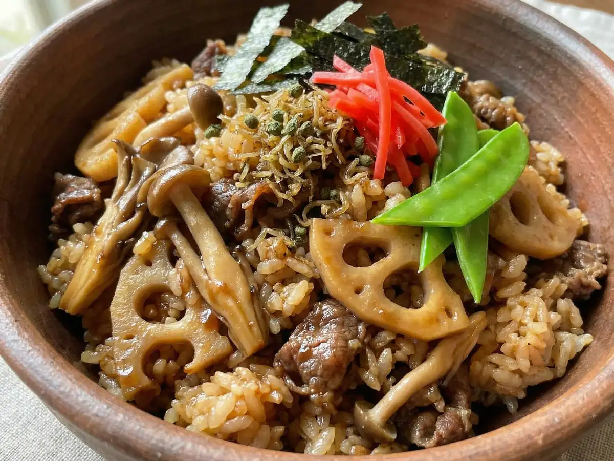 きのことれんこん、牛肉の混ぜご飯