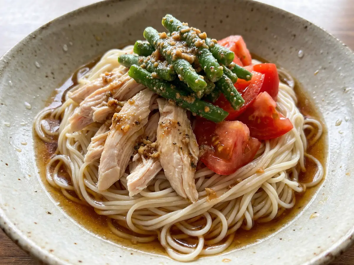 いんげんのえごまピーナツあえのぶっかけそうめん