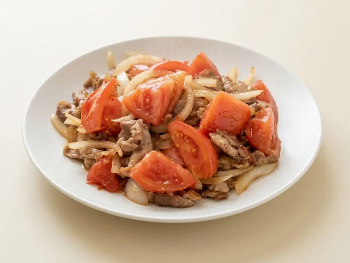 豚こま肉とトマトの照り焼き炒め