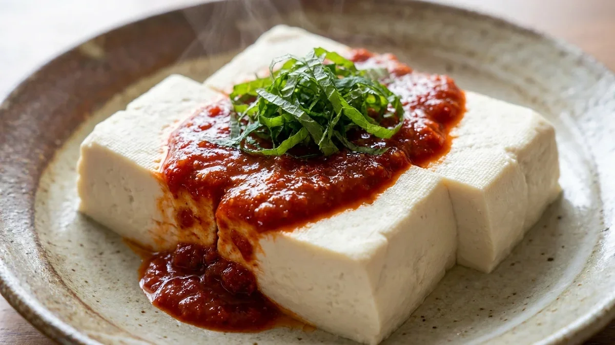 蒸し豆腐のキムチヤンニョムのせ