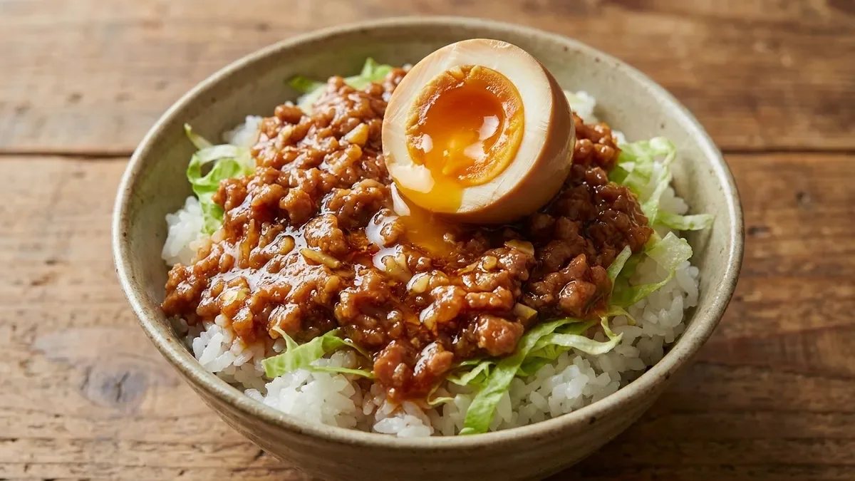 肉みそ丼 しょうゆ卵のせ
