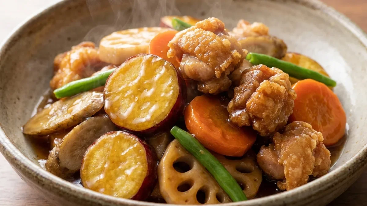 揚げさつまいもと根菜の甘酢あん