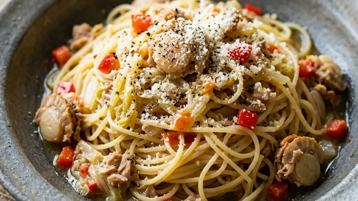 フライパンひとつで 帆立て缶たんパスタ