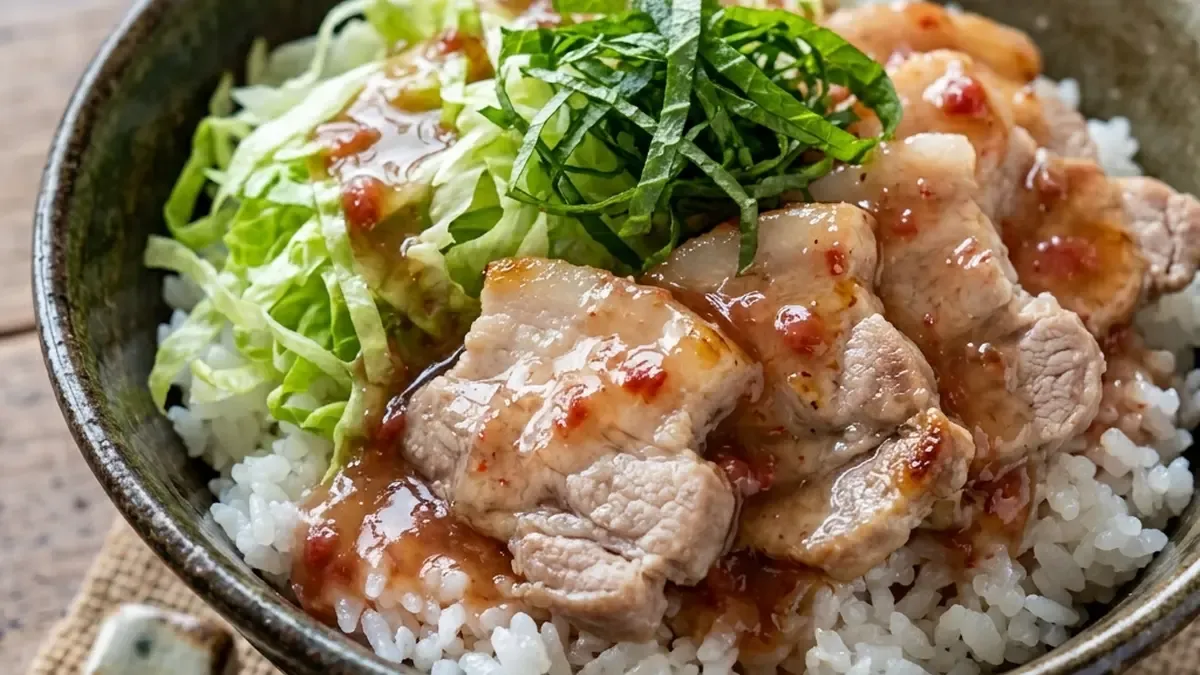 レタスと豚バラの梅あんかけ丼