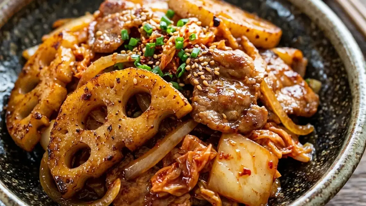 れんこんと豚肉のキムチ炒め
