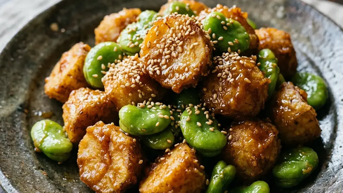 揚げ里芋とそら豆のみそがらめ
