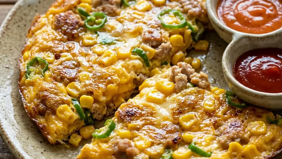 とうもろこしとひき肉のオープンオムレツ