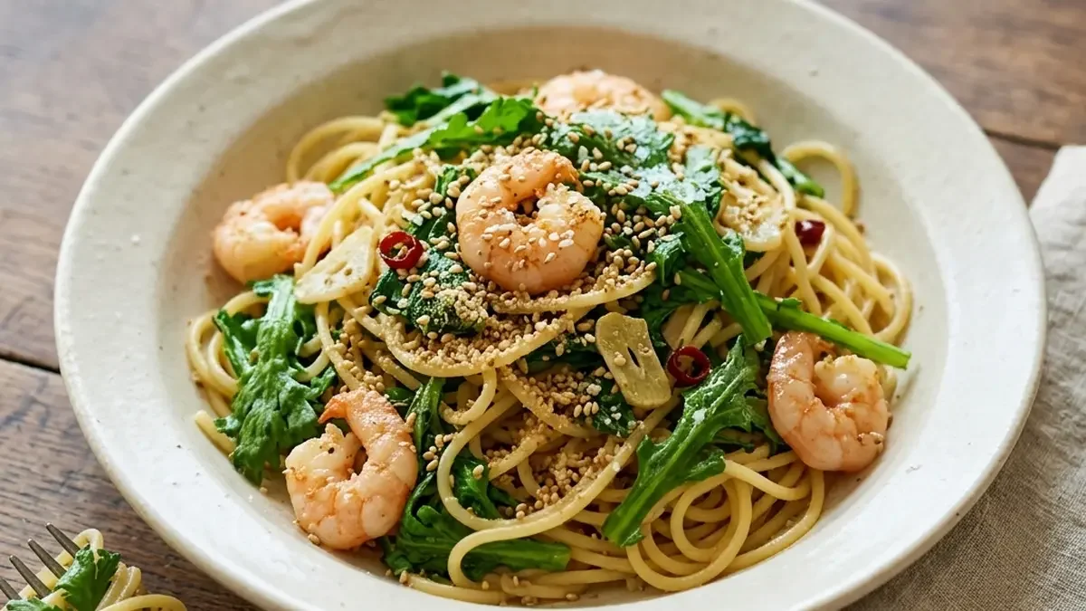 春菊と小えびのパスタ